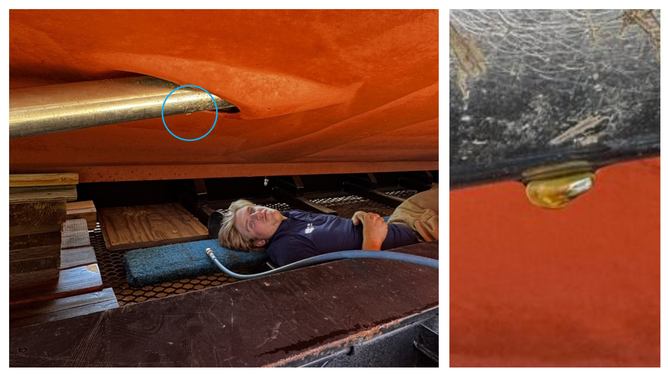 A watercraft inspector looks at a golden mussel attached to the propeller shaft of a boat intercepted at the Alpine Meadows watercraft inspection station (left); a closer look at the golden mussel (right).